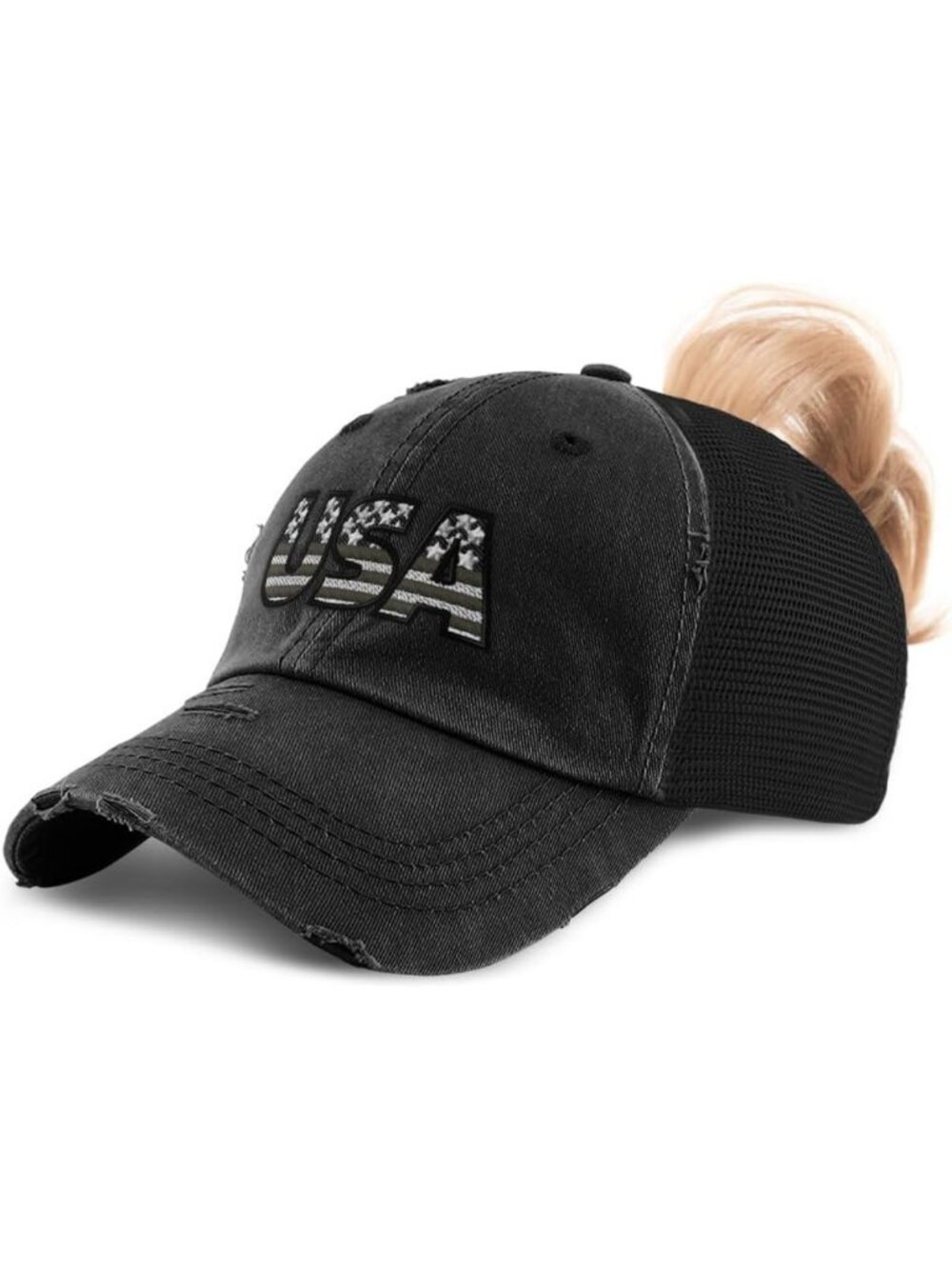 Ponytail Baseball Cap for Women - Embroidered USA Flag, Grey Cotton Hat